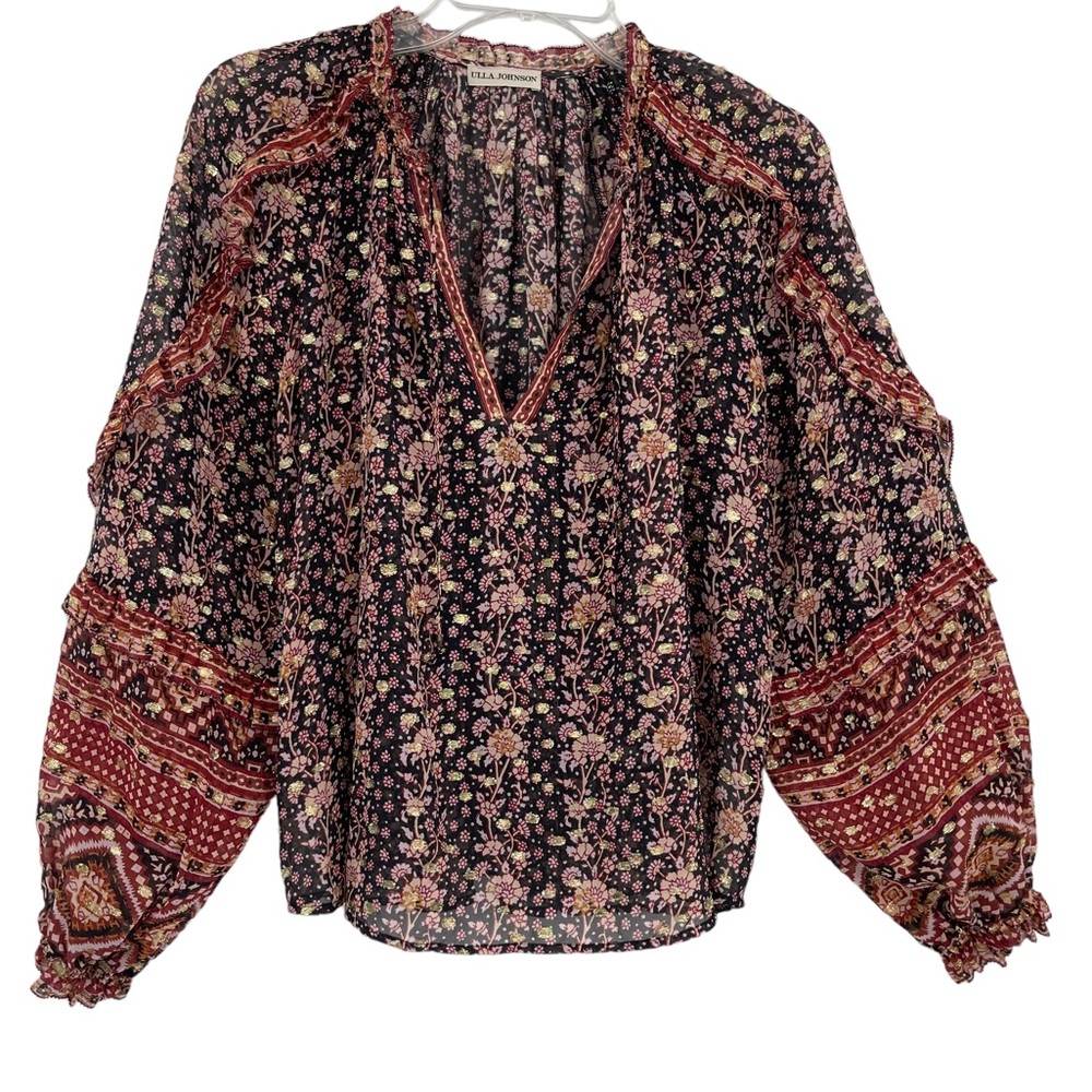 Ulla Johnson Black Floral Boho Peasant Blouse with Red Accents - Picture 1 of 12